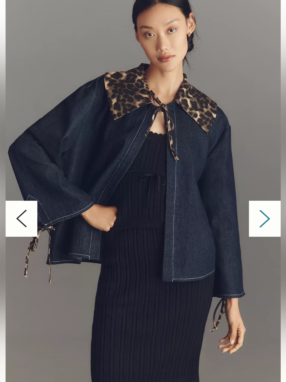 NWT Anthropologie one size boxy Denim Jacket with Leopard Collar - Dark Blue